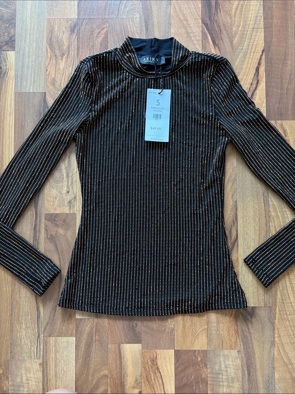 AKIRA Black Long-Sleeve Mock Neck Top with Gold Pinstripes Size S NWT